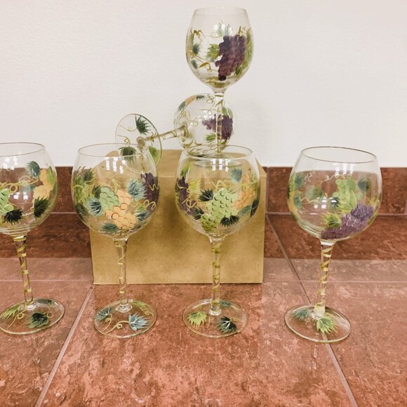 WINE GLASSES - set 6 Hand Painted GRAPES, VINES, LEAVES Design Wine Glasses 8.5" - Picture 5 of 8